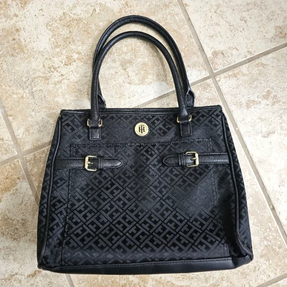 Tommy Hilfiger Black Monogram Satchel Bag Purse Classic Preppy Tote Handbag - Picture 2 of 8